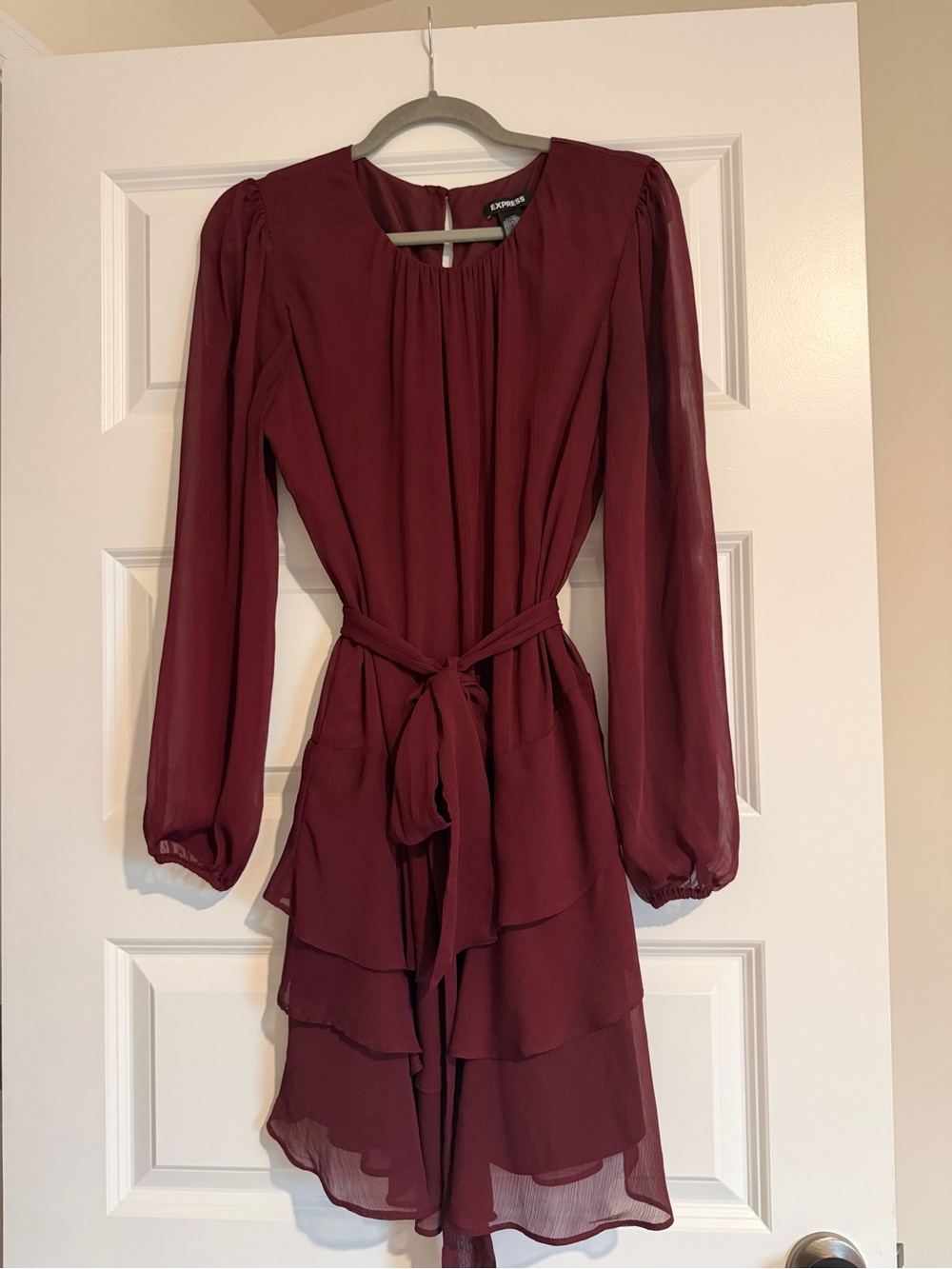 Express Wine Long-Sleeve Tiered Chiffon Dress